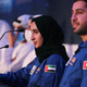 Emirati astronaut, Nora Al Matrooshi, second right, next to colleague Mohammad Al Mulla, talks to the journalists during their first public appearance at a news conference held by Mohammed Bin Rashid Space Centre (MBRSC), in Dubai, United Arab Emirates, Wednesday, July 7, 2021.